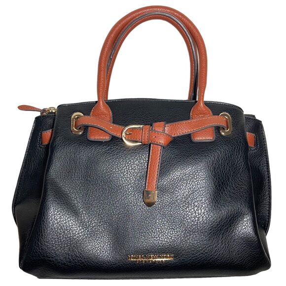 Jones New York Signature Shoulder Bag Satchel Handbag Black Pebbled Brown Handle - Picture 1 of 13